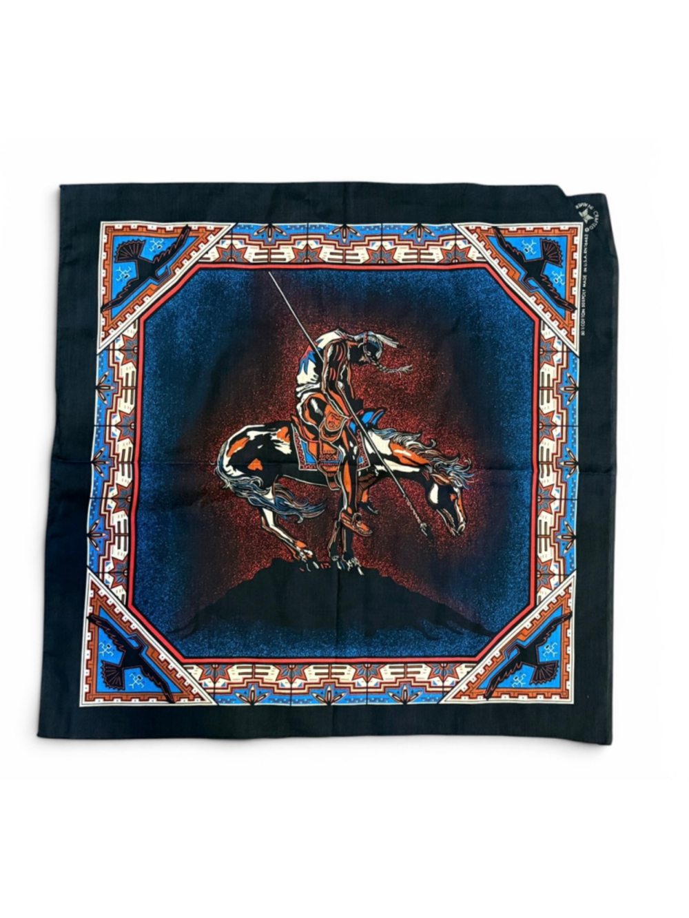 Vintage 80s Springs Bucking Horse Rodeo Bandana Black Western USA RN16463